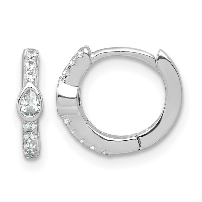 Sterling Silver Rhodium Plated Round and Pear Shaped CZ Hinged Hoop Earrings