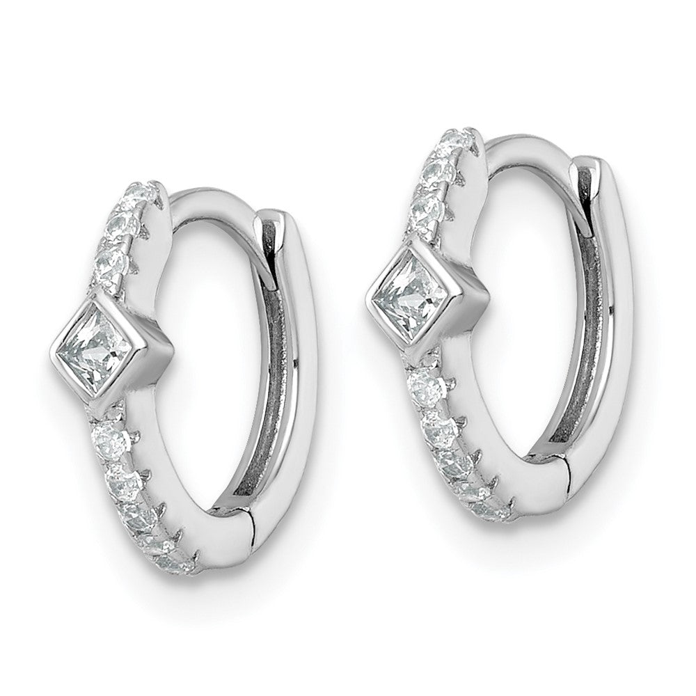 Sterling Silver Rhodium Plated Round/square CZ Hinged Round Hoop Earrings