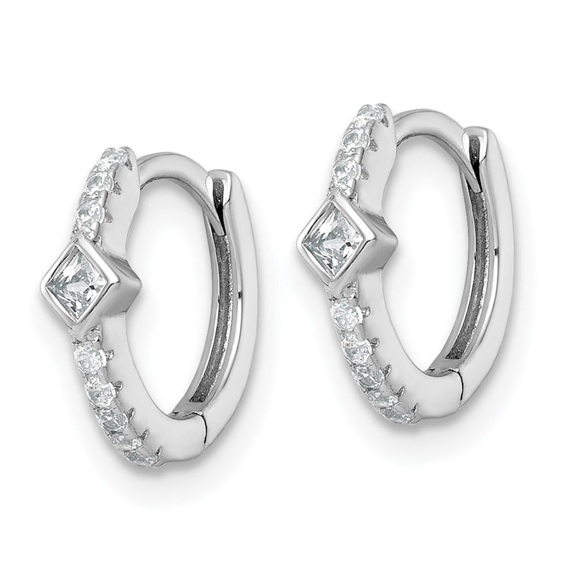 Sterling Silver Rhodium Plated Round/square CZ Hinged Round Hoop Earrings