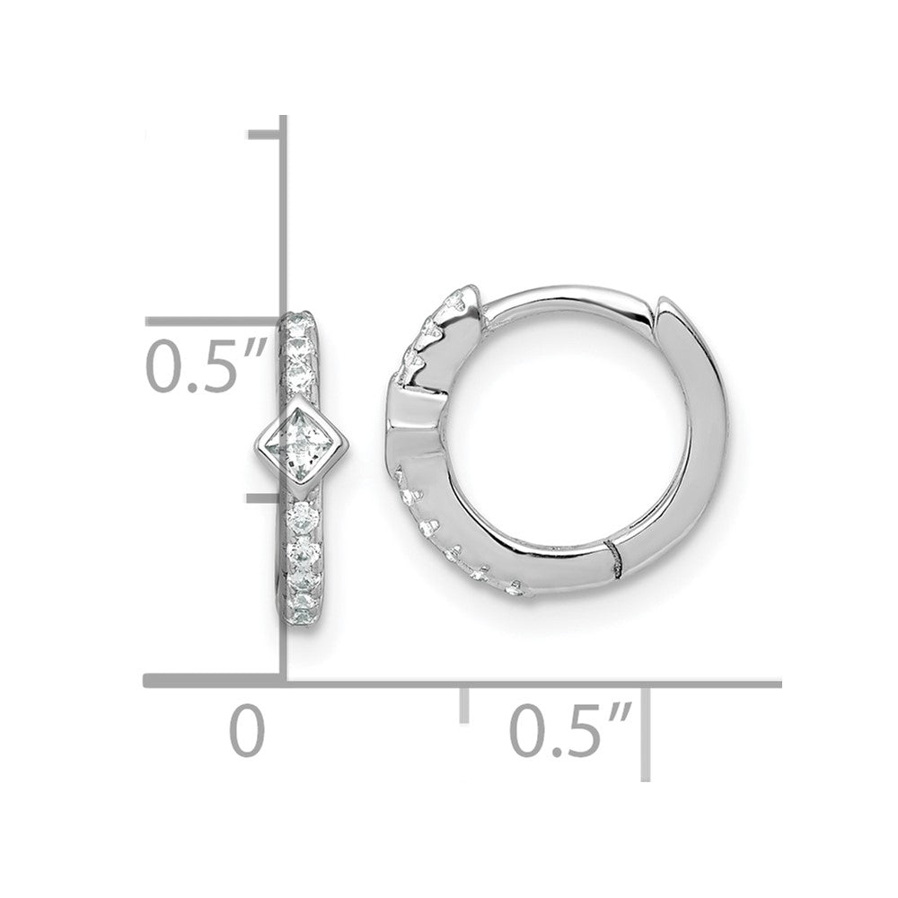 Sterling Silver Rhodium Plated Round/square CZ Hinged Round Hoop Earrings