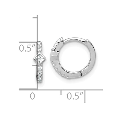 Sterling Silver Rhodium Plated Round/square CZ Hinged Round Hoop Earrings