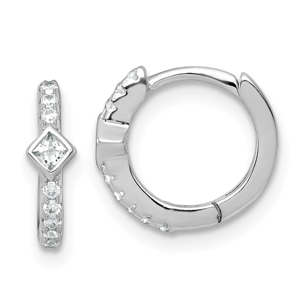 Sterling Silver Rhodium Plated Round/square CZ Hinged Round Hoop Earrings
