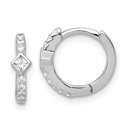 Sterling Silver Rhodium Plated Round/square CZ Hinged Round Hoop Earrings