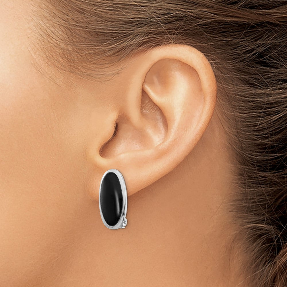 Sterling Silver Rhodium-Plated Polished Onyx Non-Pierced Oval Earrings