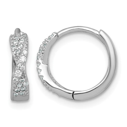 Sterling Silver Rhodium Plated Polished CZ Hinged Round Hoop Earrings
