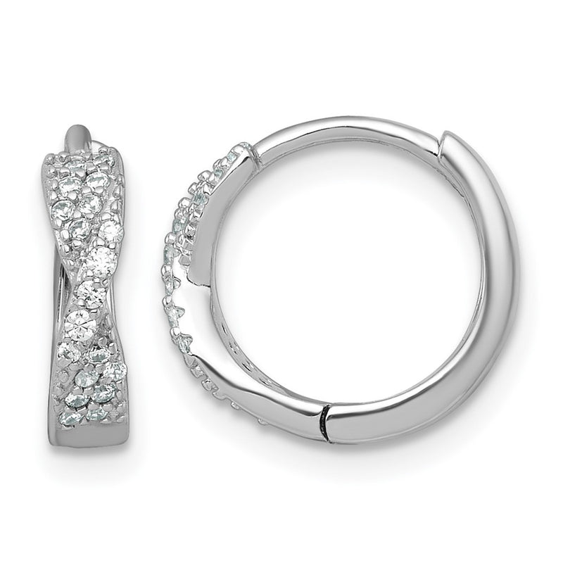 Sterling Silver Rhodium Plated Polished CZ Hinged Round Hoop Earrings