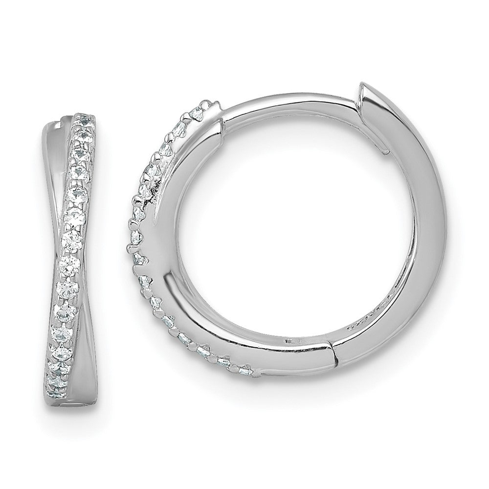 Sterling Silver Rhodium Plated Polished CZ Hinged Round Hoop Earrings