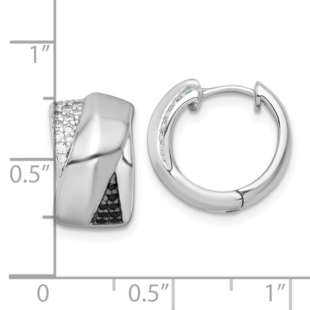 Sterling Silver Rh-Pltd Polished Black/white CZ Round Hinged Hoop Earrings