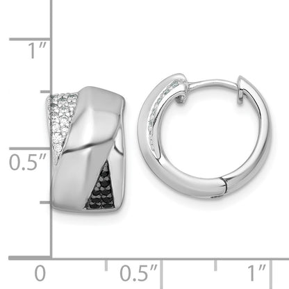 Sterling Silver Rh-Pltd Polished Black/white CZ Round Hinged Hoop Earrings