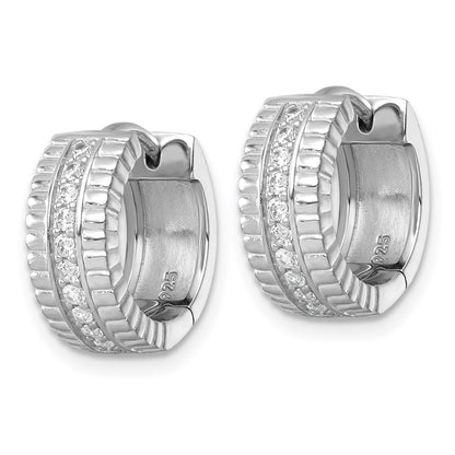 Sterling Silver Rh-Pltd Polished and Grooved 6.2mm CZ Hoop Earrings
