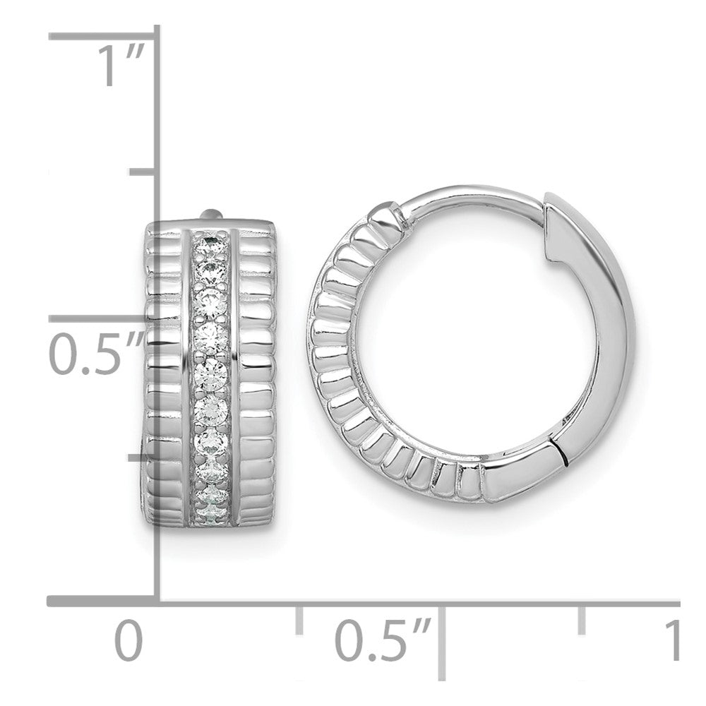 Sterling Silver Rh-Pltd Polished and Grooved 6.2mm CZ Hoop Earrings