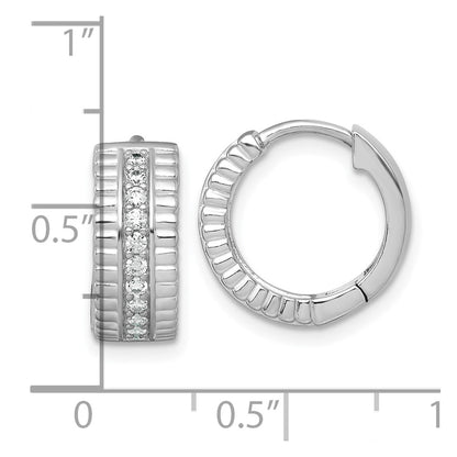 Sterling Silver Rh-Pltd Polished and Grooved 6.2mm CZ Hoop Earrings