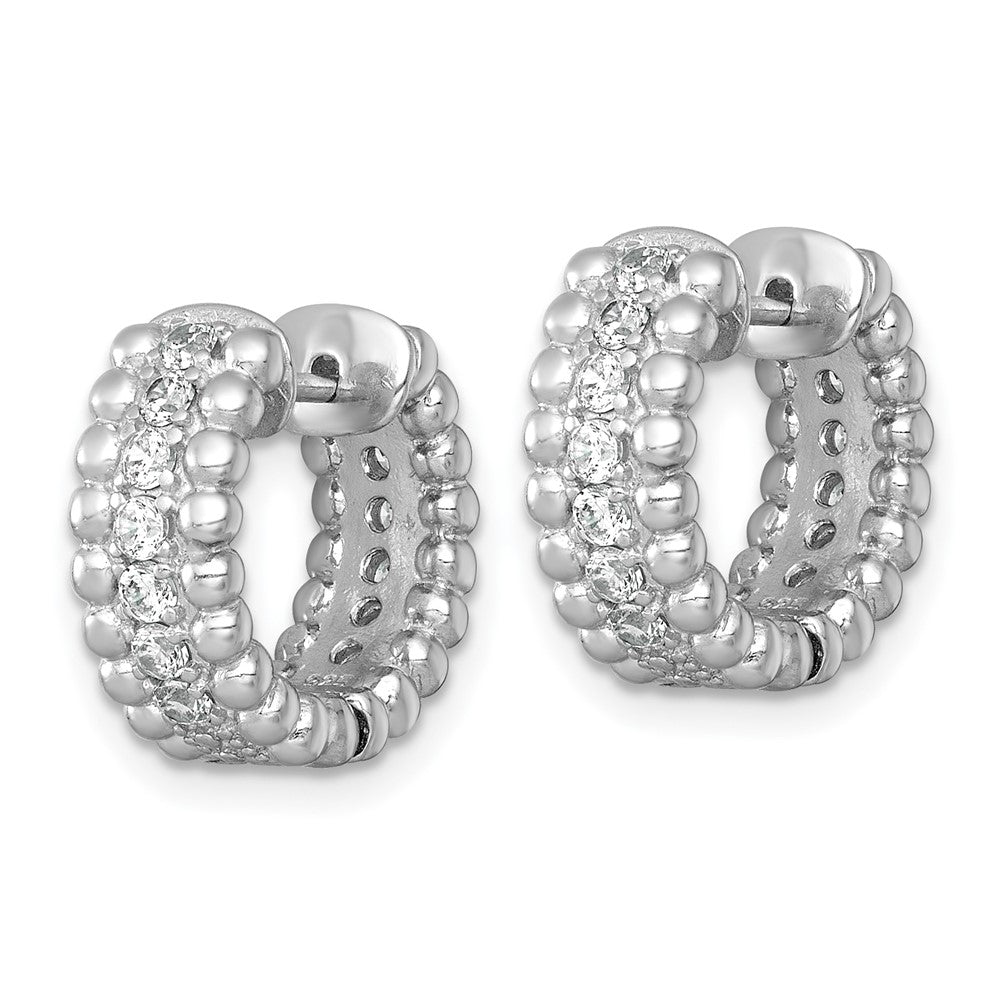 Sterling Silver Rhodium Plated Polished and Beaded CZ Round Hoop Earrings