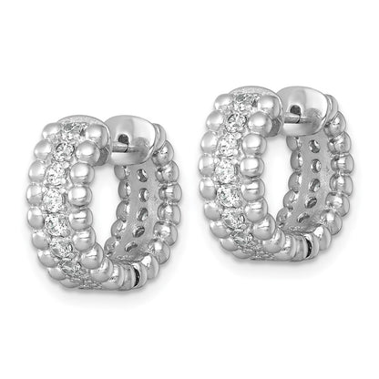 Sterling Silver Rhodium Plated Polished and Beaded CZ Round Hoop Earrings