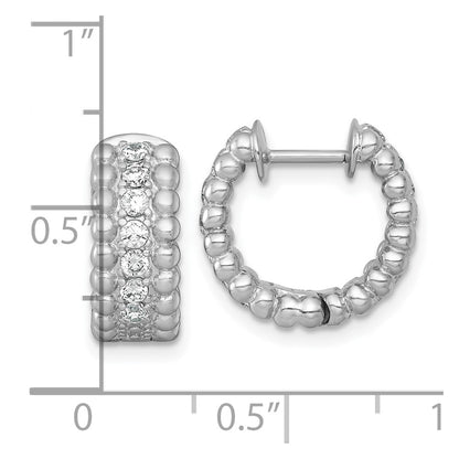 Sterling Silver Rhodium Plated Polished and Beaded CZ Round Hoop Earrings
