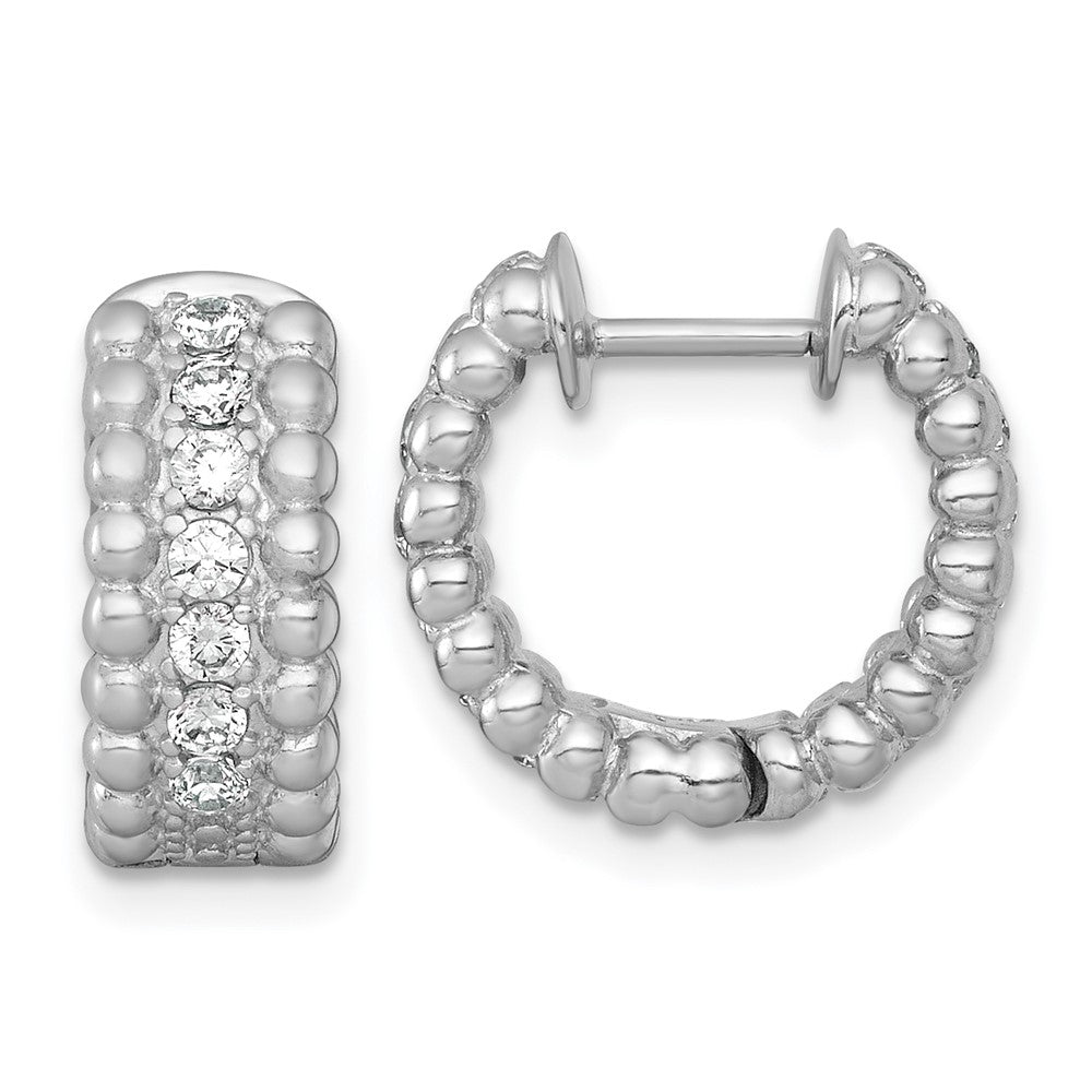 Sterling Silver Rhodium Plated Polished and Beaded CZ Round Hoop Earrings
