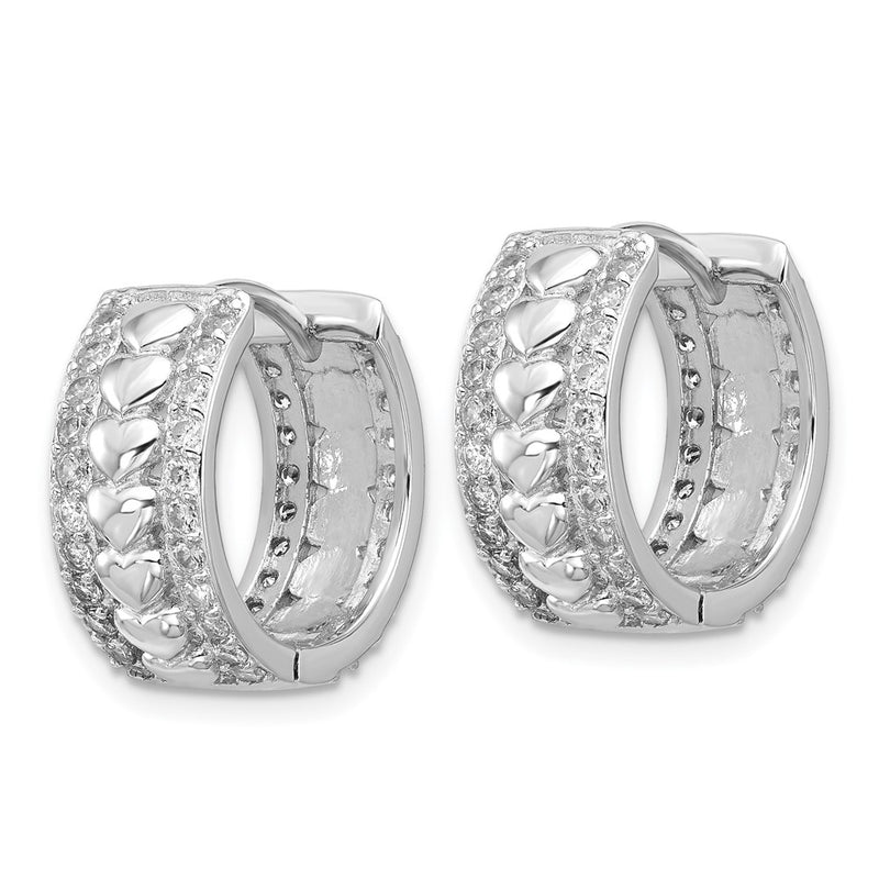 Sterling Silver Rhodium-Plated CZ Polished Heart Hinged Hoop Earrings