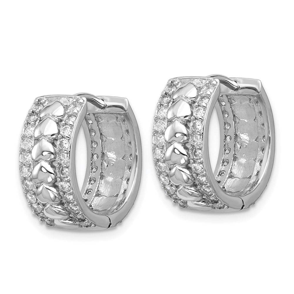 Sterling Silver Rhodium-Plated CZ Polished Heart Hinged Hoop Earrings