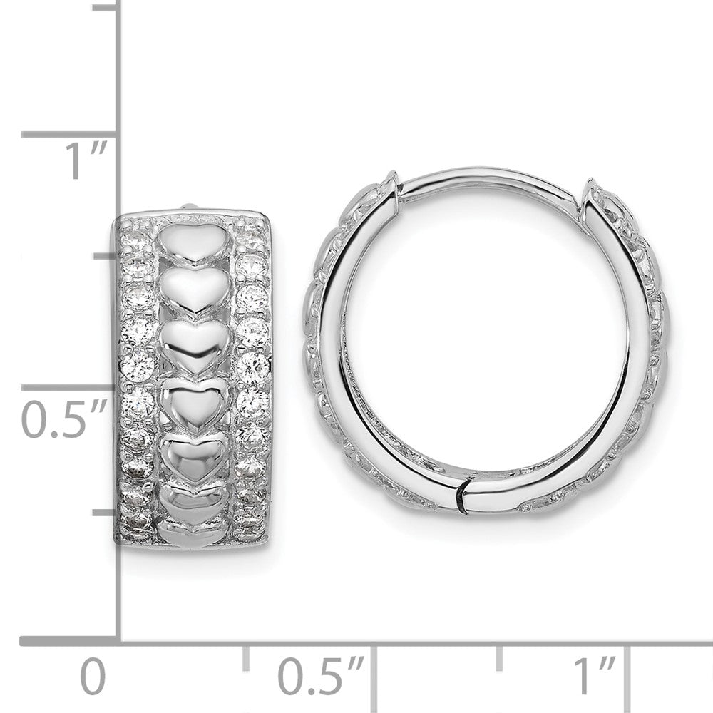 Sterling Silver Rhodium-Plated CZ Polished Heart Hinged Hoop Earrings