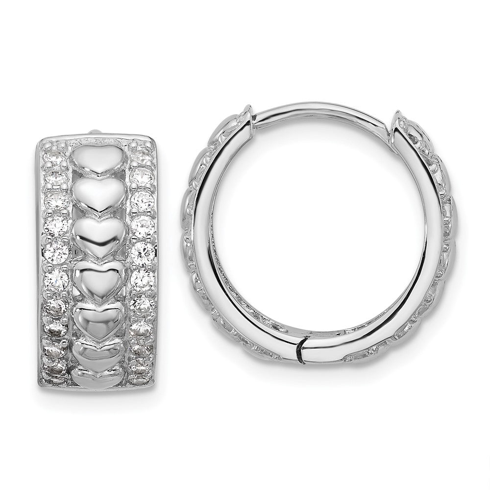 Sterling Silver Rhodium-Plated CZ Polished Heart Hinged Hoop Earrings
