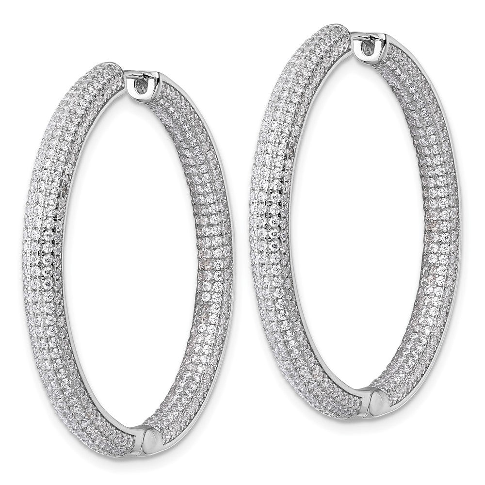 Sterling Silver Rhodium-Plated in and Out CZ Pave Hinged Hoop Earrings