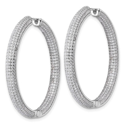 Sterling Silver Rhodium-Plated in and Out CZ Pave Hinged Hoop Earrings