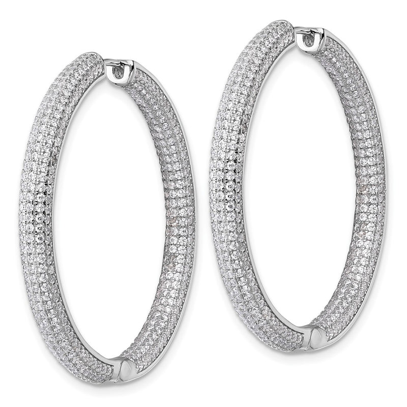Sterling Silver Rhodium-Plated in and Out CZ Pave Hinged Hoop Earrings