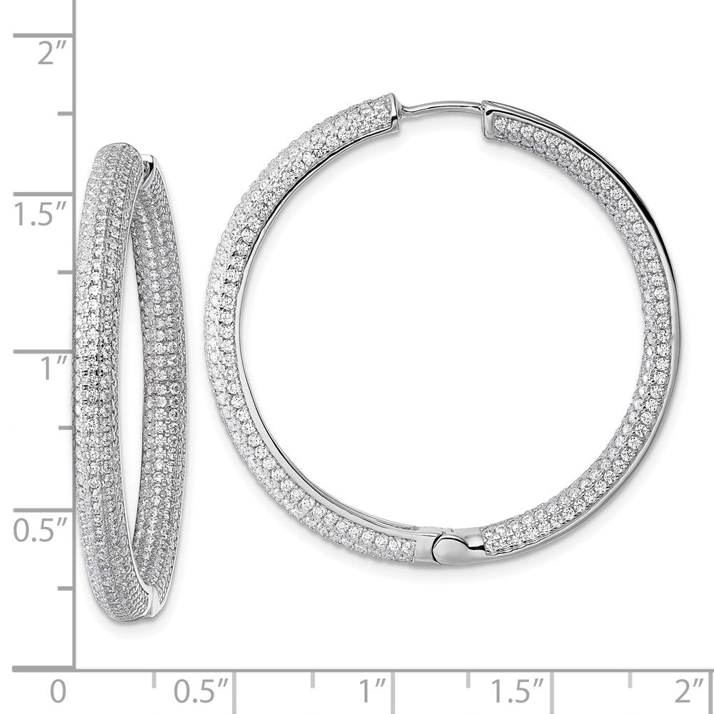 Sterling Silver Rhodium-Plated in and Out CZ Pave Hinged Hoop Earrings