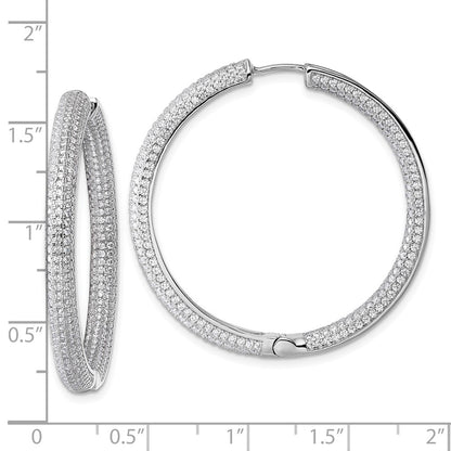 Sterling Silver Rhodium-Plated in and Out CZ Pave Hinged Hoop Earrings