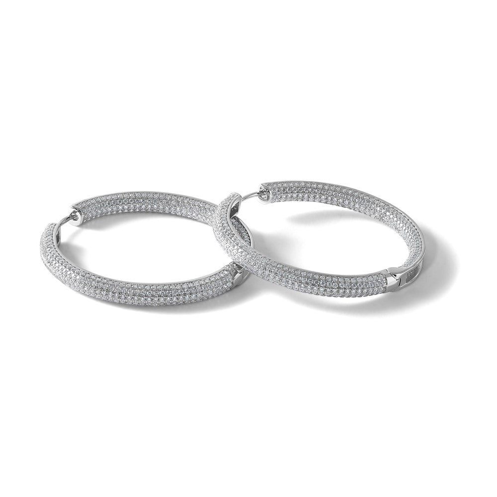 Sterling Silver Rhodium-Plated in and Out CZ Pave Hinged Hoop Earrings