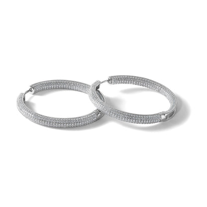 Sterling Silver Rhodium-Plated in and Out CZ Pave Hinged Hoop Earrings