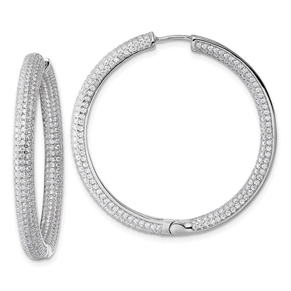 Sterling Silver Rhodium-Plated in and Out CZ Pave Hinged Hoop Earrings