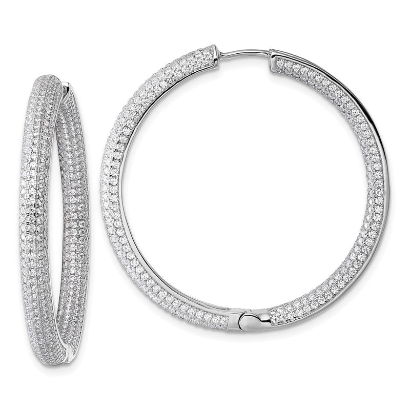 Sterling Silver Rhodium-Plated in and Out CZ Pave Hinged Hoop Earrings