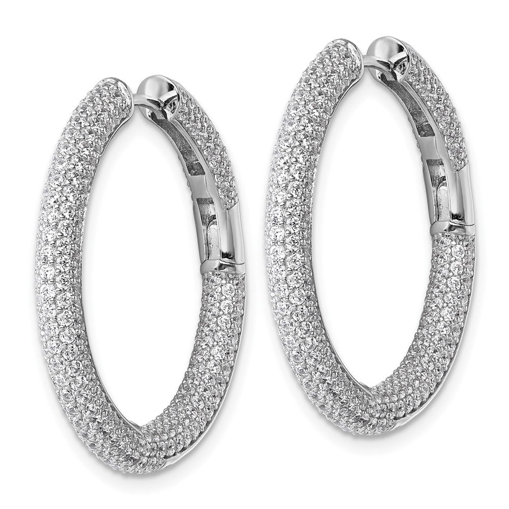 Sterling Silver Rhodium-Plated in and Out CZ Pave Hinged Hoop Earrings