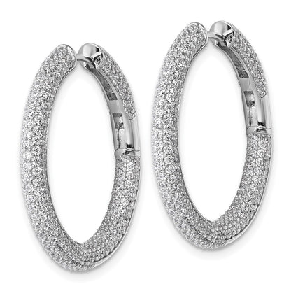 Sterling Silver Rhodium-Plated in and Out CZ Pave Hinged Hoop Earrings