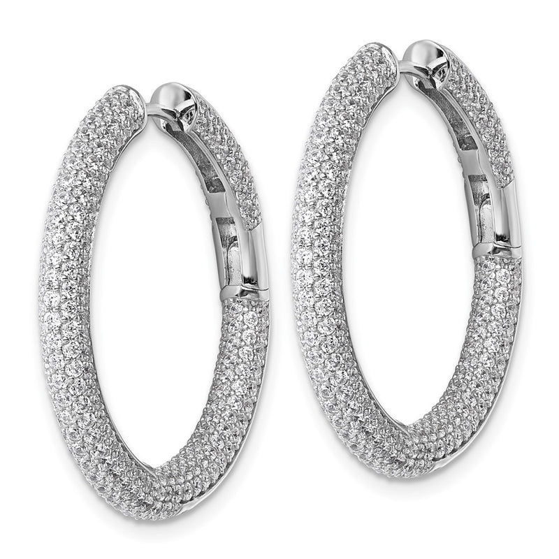 Sterling Silver Rhodium-Plated in and Out CZ Pave Hinged Hoop Earrings