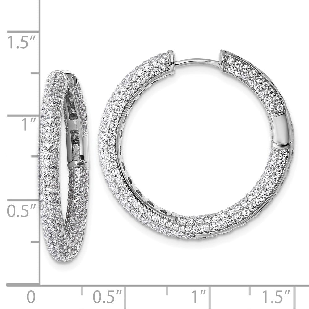Sterling Silver Rhodium-Plated in and Out CZ Pave Hinged Hoop Earrings