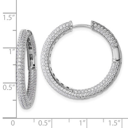 Sterling Silver Rhodium-Plated in and Out CZ Pave Hinged Hoop Earrings