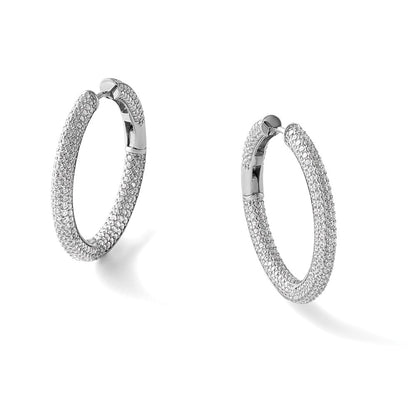 Sterling Silver Rhodium-Plated in and Out CZ Pave Hinged Hoop Earrings