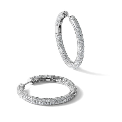 Sterling Silver Rhodium-Plated in and Out CZ Pave Hinged Hoop Earrings