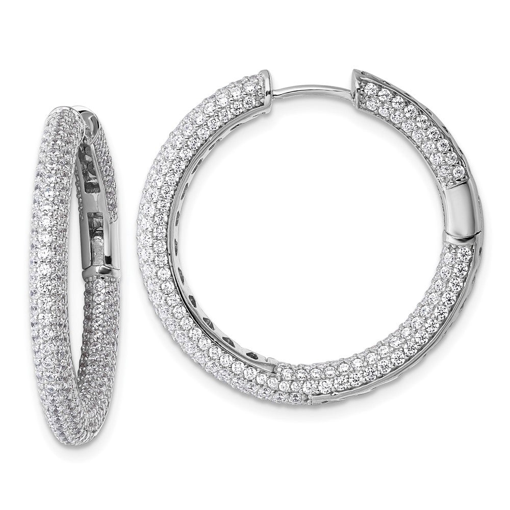 Sterling Silver Rhodium-Plated in and Out CZ Pave Hinged Hoop Earrings