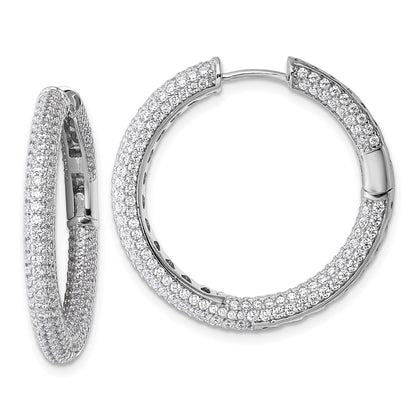 Sterling Silver Rhodium-Plated in and Out CZ Pave Hinged Hoop Earrings