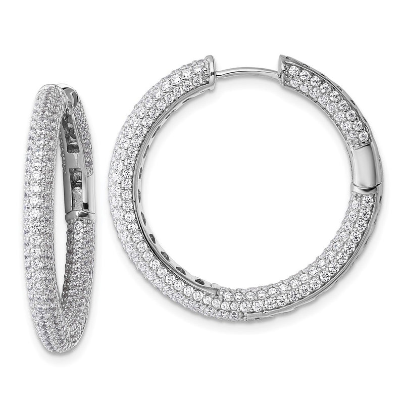 Sterling Silver Rhodium-Plated in and Out CZ Pave Hinged Hoop Earrings