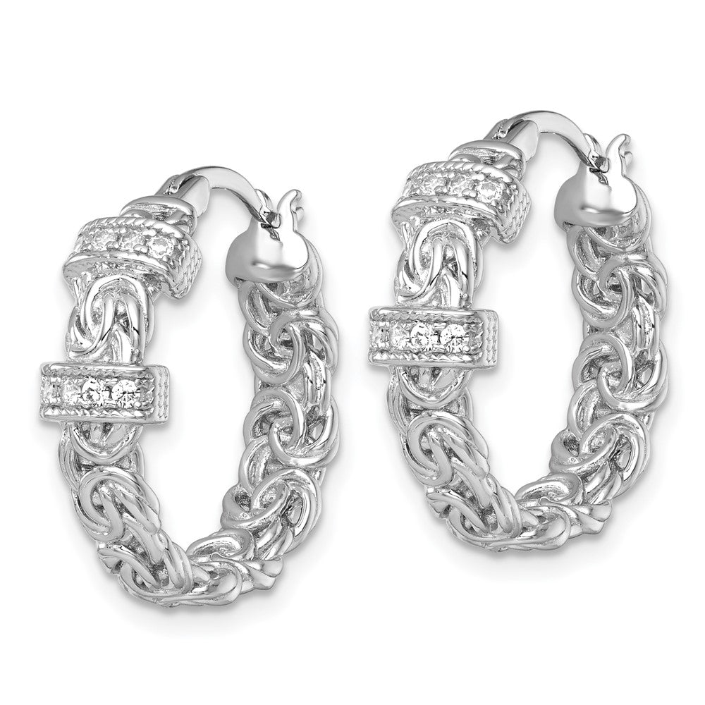 Sterling Silver Rhodium Plated Polished CZ Byzantine Link Round Hoop Earrings