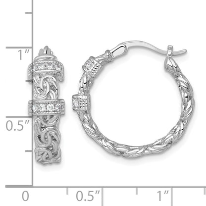 Sterling Silver Rhodium Plated Polished CZ Byzantine Link Round Hoop Earrings