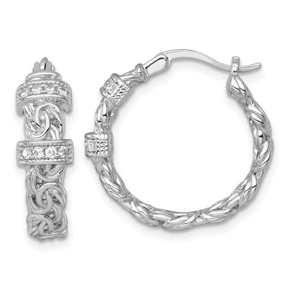 Sterling Silver Rhodium Plated Polished CZ Byzantine Link Round Hoop Earrings