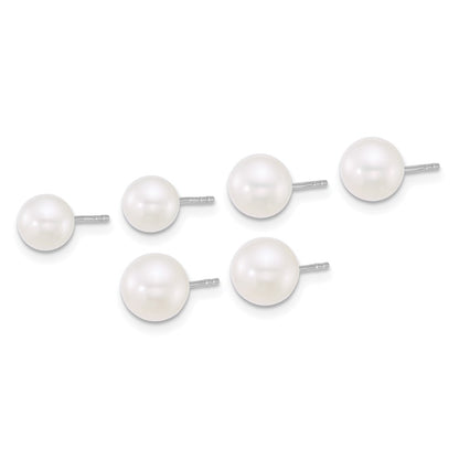 Sterling Silver Rhod 5-6mm/6-7mm/7-8mm Fwc 3 Pair Pearl Earring Set