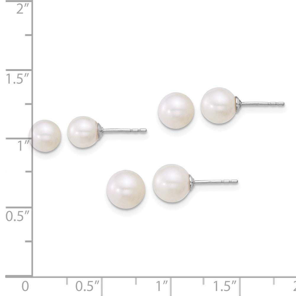 Sterling Silver Rhod 5-6mm/6-7mm/7-8mm Fwc 3 Pair Pearl Earring Set