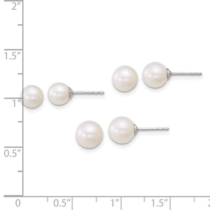 Sterling Silver Rhod 5-6mm/6-7mm/7-8mm Fwc 3 Pair Pearl Earring Set