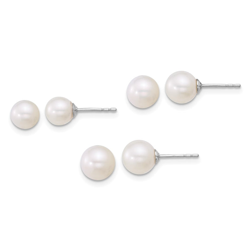 Sterling Silver Rhod 5-6mm/6-7mm/7-8mm Fwc 3 Pair Pearl Earring Set